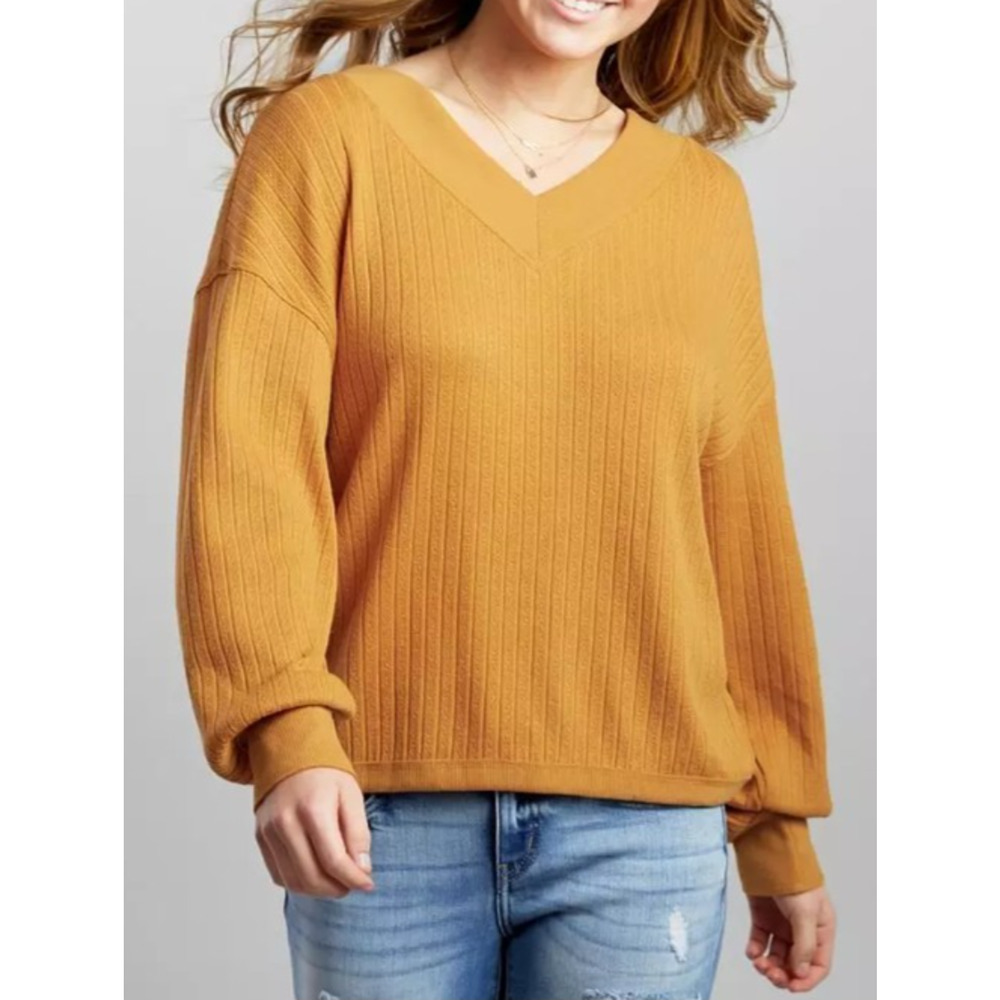 Buckle BKE Mustard Yellow V-Neck Pullover Sweater Women's XSmall Oversized Fit - Picture 2 of 5